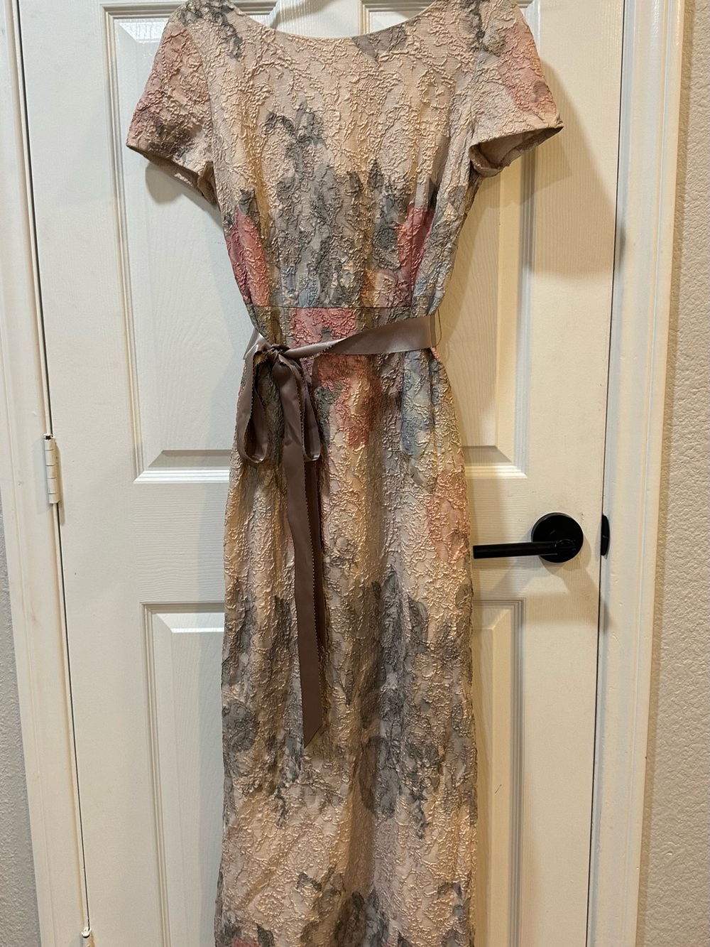 Adrianna Papell Blush, Gray and Dusty Rose Lace Maxi Dress with Sash